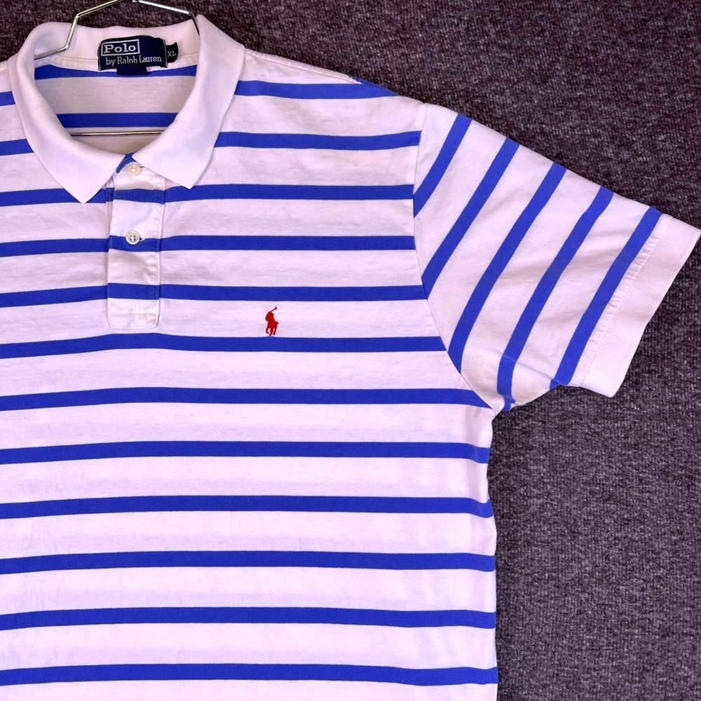 VTG Polo Ralph Lauren Shirt Men XL Striped Short Sleeve Red Pony Logo White Blue - Picture 8 of 16
